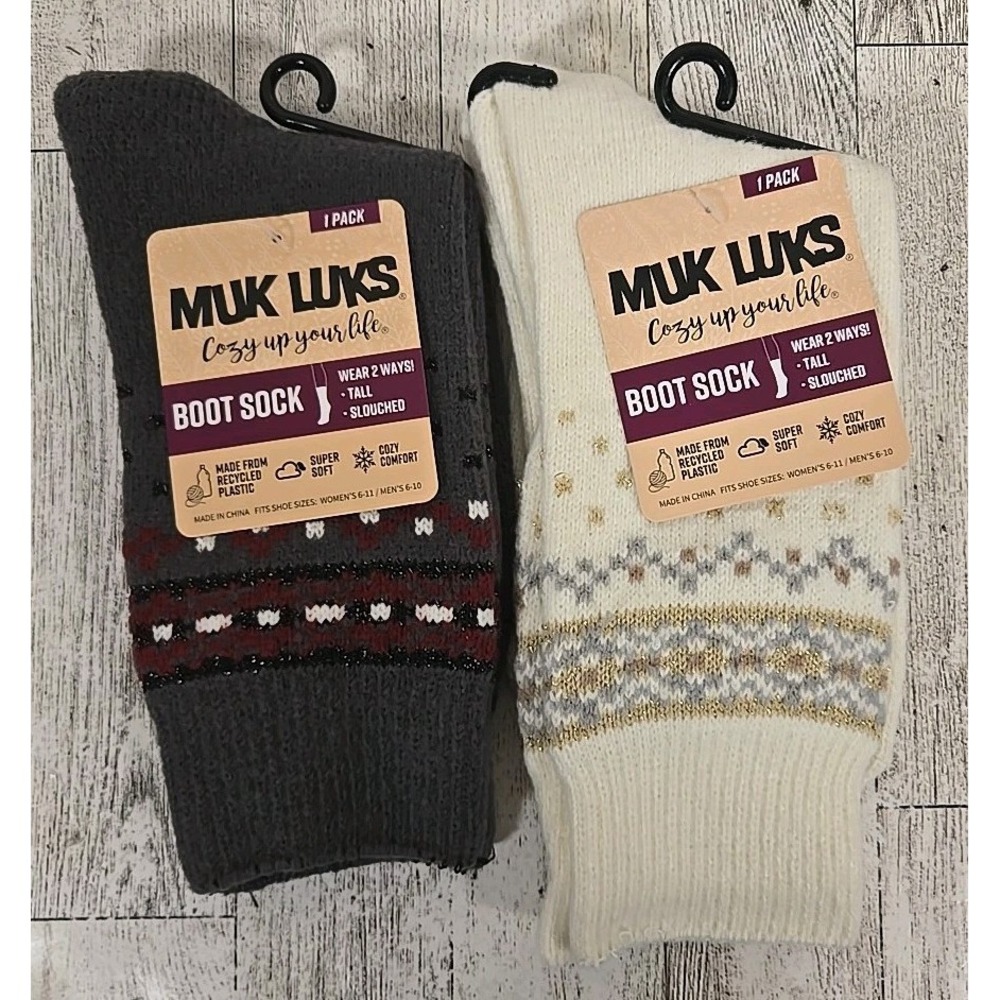 MUK LUKS Boot Socks Creme & Gray Shoe Size 6-11 Lot of 2 Super Soft Women's NEW